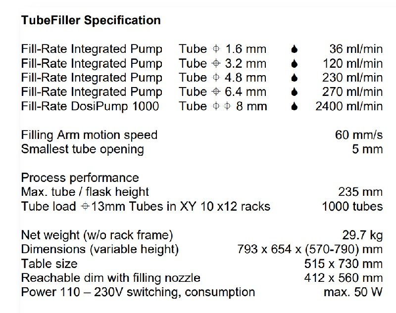 specification TubeFiller specification TubeFiller